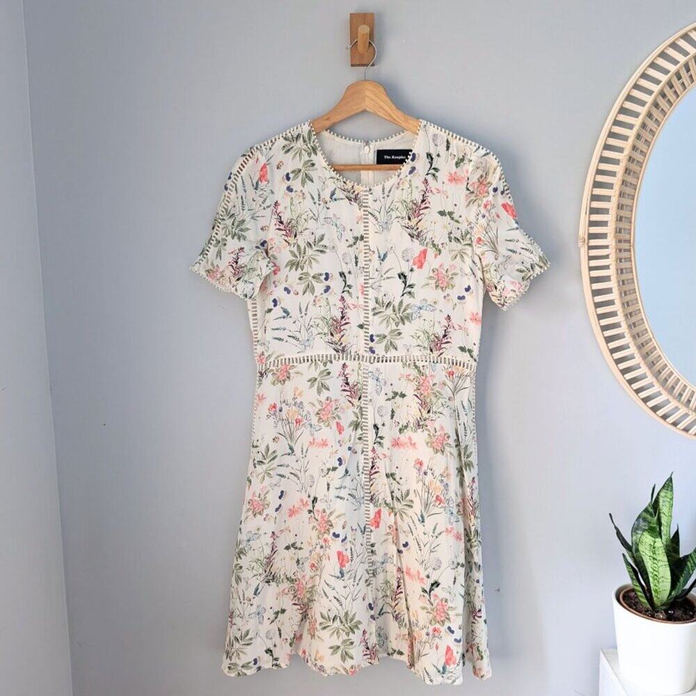 THE KOOPLES Floral Print Cream Knee-Length Dress, Lattice Detail, 100 % silk, S